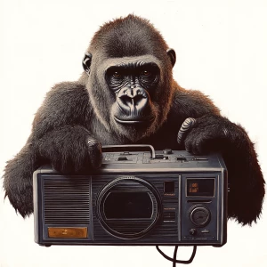 Gorilla pressing a button on a boombox