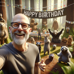 Generate a photorealistic image of a birthday party in a dense f...