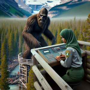 A Yellowstone National Park ranger perched in a lookout tower ga...