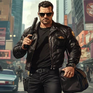 A muscular man with a five o'clock shadow, short dark hair, and...