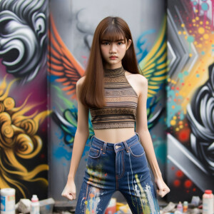 Athletic Thin skinny Attractive, Asian teenage girl, long brown hair and bangs, wearing tight skinny jeans and a halter top paint marks on her clothing, heroic pose Asian graffiti background