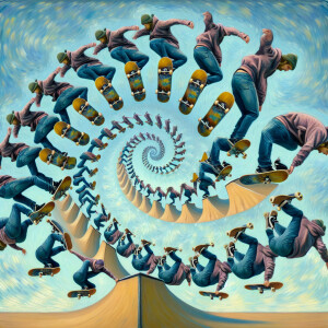 recursive droste effect  of a professional skateboarder launchin...