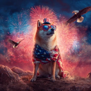 A majestic Shiba Inu (Doge meme) proudly wrapped in an American...