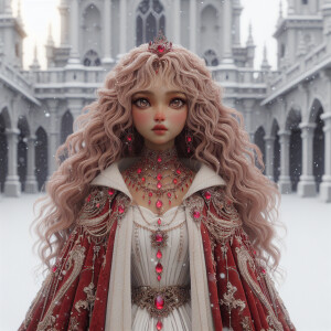 Mixed race woman, very long light pink curly hair,  big hazel ey...