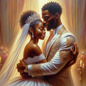 Imagine a hyper-realistic oil painting that captures a tender moment between theAfrican American bride and her God. The setting is intimate and filled with soft, warm lighting that enhances the emotional depth of the scene. The bride, in herexquisite wedding gown, shares a heartfelt embrace with her african-American Lord Jesus , who is dressedin an elegant outfit that complements the wedding's color scheme. Their expressions are full of love, pride, and joy, reflecting the special bond between them. Theattention to detail is paramount, from the intricate designs of their dresses to the subtle emotions conveyed in their facial expressions. The background is a blur ofgentle pastel hues, ensuring that the focus remains on this touching moment. Thispainting should convey the warmth, love, and depth of the relationship, with the rich textures and vibrant strokes characteristic of oil paintings, capturing the essence of this significant pre-wedding moment.