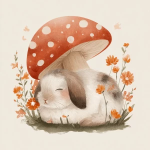 A cute fluffy rabbit sleeping peacefully curled up under a large...