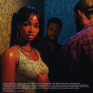 Certainly! Here's a detailed prompt for a lifelike image focusing on betrayal:

"Create a hyper-realistic image portraying a moment of betrayal involving three African American individuals. The setting is a dimly lit, intimate space like a cozy apartment. In the foreground, a beautiful black female stands close to one of the males, her partner, whose expression shows affection and trust as he holds her hand gently. Slightly behind them, the second male, who is the partner’s close friend, shares a furtive, knowing glance with the female. His body language is confident yet subtle, suggesting a hidden connection. The tension should be palpable in the image, with the lighting and shadows enhancing the emotional complexity of the scene. Facial expressions and eye contact should vividly convey the theme of deception and the emerging love triangle."