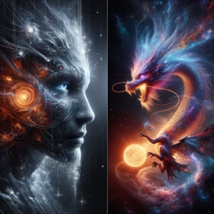 Dramatic digital painting. A celestial dragon bursts forth from...