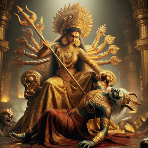 portrait of angry looking goddess durga sitting on a gold crown and carrying a weak mahishasur on her lap and stabbing him with her amazingly designed trident. She is wearing gold armor, a huge gold crown, gold saree, abundant  gold jewelry, covered in blood. The scene is set in ancient India. The image is 8K resolution, cinematic, ultra detailed face and epic.