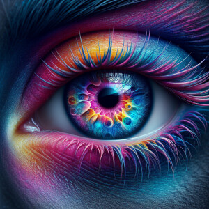 multicolored eyes, prominently featuring shades of blue, pink, a...