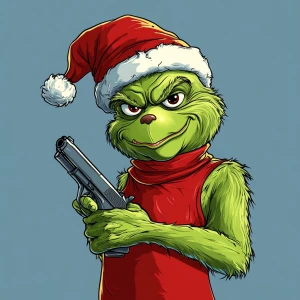 Grinch with a gun in his hands as a bandit. Use carton style. Th...