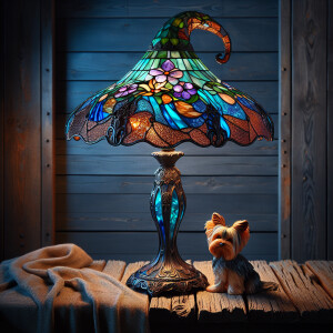Prompt: Vibrant Tiffany glass lamp in the shape of a witch's hat...