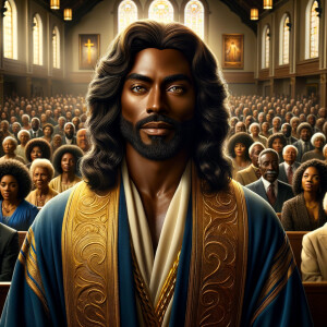 Illustrate an inspiring African-American Jesus crust with a dign...