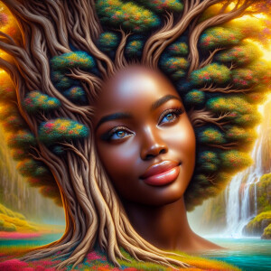 Create a close-up, hyper-realistic 3-D oil painting of a tree wi...
