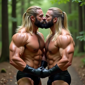 Generate an image depicting two muscular male bodybuilders with...