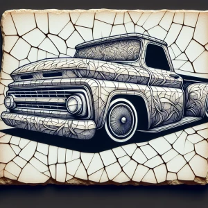 Envision a lowrider truck crafted from cracked porcelain, its su...