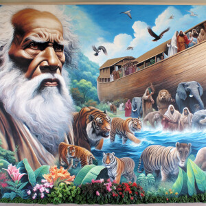 A close-up and detailed wall painting focusing on Noah, depicted...