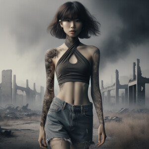 Thin Asian teen girl wearing tight jeans and a halter top Long brown hair and bangs, tattoos on her arms, athletic heroic pose