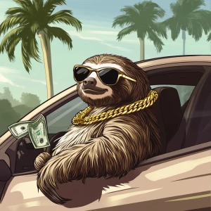 Sloths slerf meme..leaning out the window of sports car, gold ch...