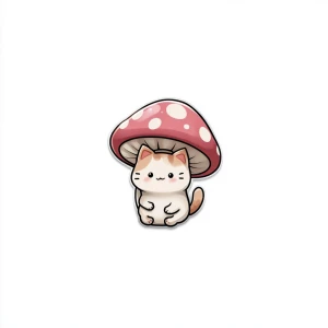 Small cat under mushroom, kawaii style, white background