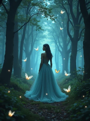 Create an image of an enchanting forest at twilight where biolum...