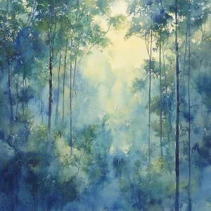 a forest in the style of watercolor painting, with a bird's eye view and soft morning light details - - s 900