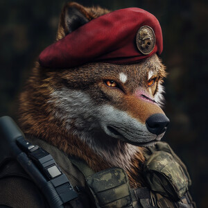 A male, anthromorphic Florida red wolf, wearing military gear, s...