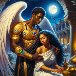 Create an oil painting image featuring a male angel and a grievi...