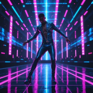 In a mesmerizing display of neon-lit holographic extravagance, a charismatic figure dances on stage surrounded by a symphony of digital visuals. This vivid scene is captured in a hyper-realistic acrylic painting, with each pixel-painted detail exuding an otherworldly glow. The performer's sleek, metallic suit reflects the pulsating lights, while their electrifying movements seem to defy gravity. The overall image is a masterful blend of futuristic technology and artistic skill, immersing viewers in a virtual concert experience like no other.