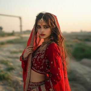 A young Pakistani woman dressed in traditional red attire, with...