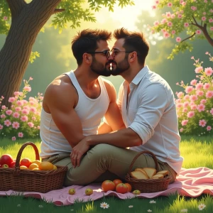 The image is a romantic, hyper realistic of two men engaged in a...