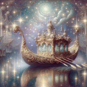 A shimmering celestial skiff adorned with intricate baroque desi...