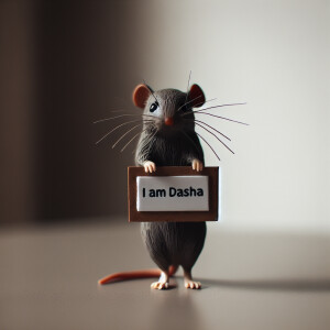A rat is holding a sign saying "I am Dasha"