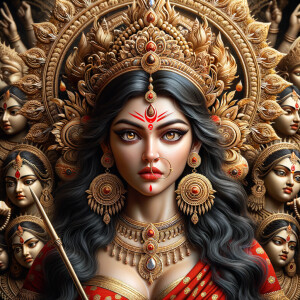 Portrait of gorgeous and angry goddess durga slaying mahishasur....