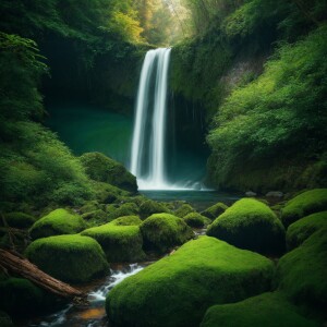 antique scenery with green forest waterfall
