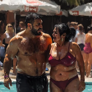 Realism digital oil painting,a muscular beefy sweaty man  walkin...