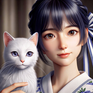 Realistic anime woman with dark blue hair and dark brown eyes. S...