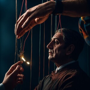 A hyper-realistic 3D rendering of a man depicted as a marionette...
