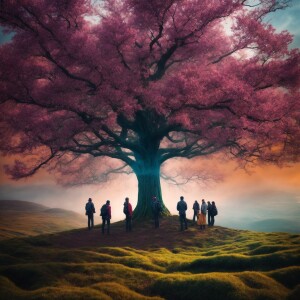 Tree absorbing the humans around it. Nature always wins