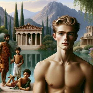Depict shirtless young Prince Alexander in summer 345 B.C., play...