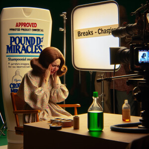 Create a photograph of a woman going off script and crying durin...