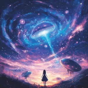 Create a 2D artwork featuring a girl encountering aliens in the...
