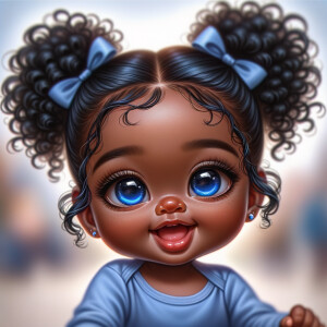 ultra realistic Chibi Style oil painting of Med olive skin  cute African-American American baby girl with deep deep dimples on both checks smiling huge, blue eyes, wearing a blue onesie two curly black pigtails with blue
 ribbons. crystal blue eyes. up-close view bokeh background

S/O Genae Kulah