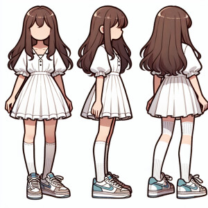 A girl with brown hair wearing a white dress with knee high whit...