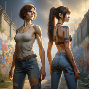 Athletic Thin skinny Attractive, Asian teenage girl, long brown hair and bangs, wearing tight skinny jeans and a halter top paint marks on her clothing, heroic pose Asian graffiti background, backside view