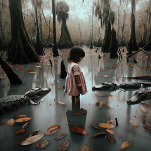 a young child in close proximity to three alligators in a swampy...