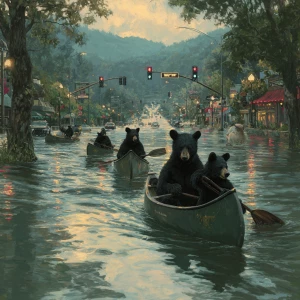 A group of black bears paddling canoes through a flooded Gatling...