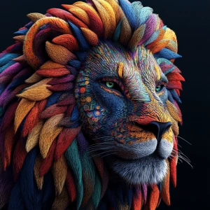 Create a 3D-rendered 8k UHD image of a lion with an extremely detailed, oversized psychedelic mane, incorporating vibrant colors and intricate patterns to emphasize a professional level of detail.