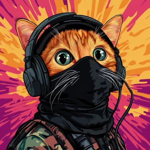 A wide-eyed ginger cat wearing a black tactical balaclava (or ma...