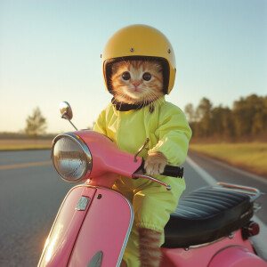 An orange kitten with glossy black eyes, donned in a neon green...